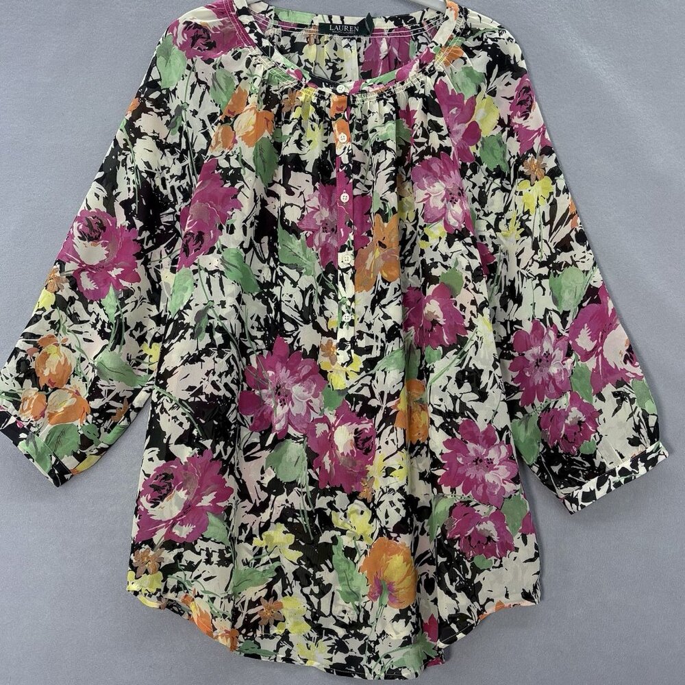 Lauren Ralph Lauren Women's SZ Large Floral Blouse Top Boho Cottagecore Casual‎
